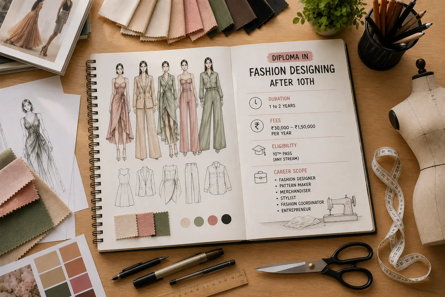 Fashion sketchbook open on a desk showing illustrated outfit designs and flat sketches beside an information page headed Diploma in Fashion Designing after 10th, listing duration, fees, eligibility and career scope, surrounded by fabric swatches, a dress form and measuring tape