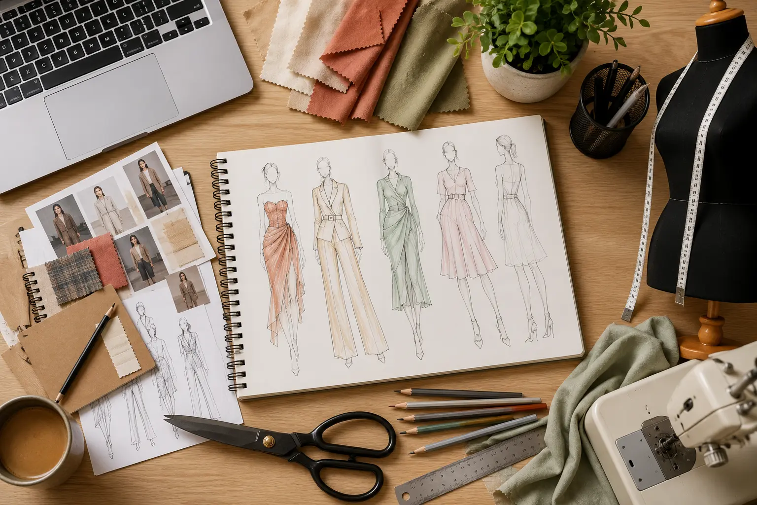Fashion design workspace with a sketchbook of garment illustrations, fabric swatches, colour pencils, a dress form and a sewing machine