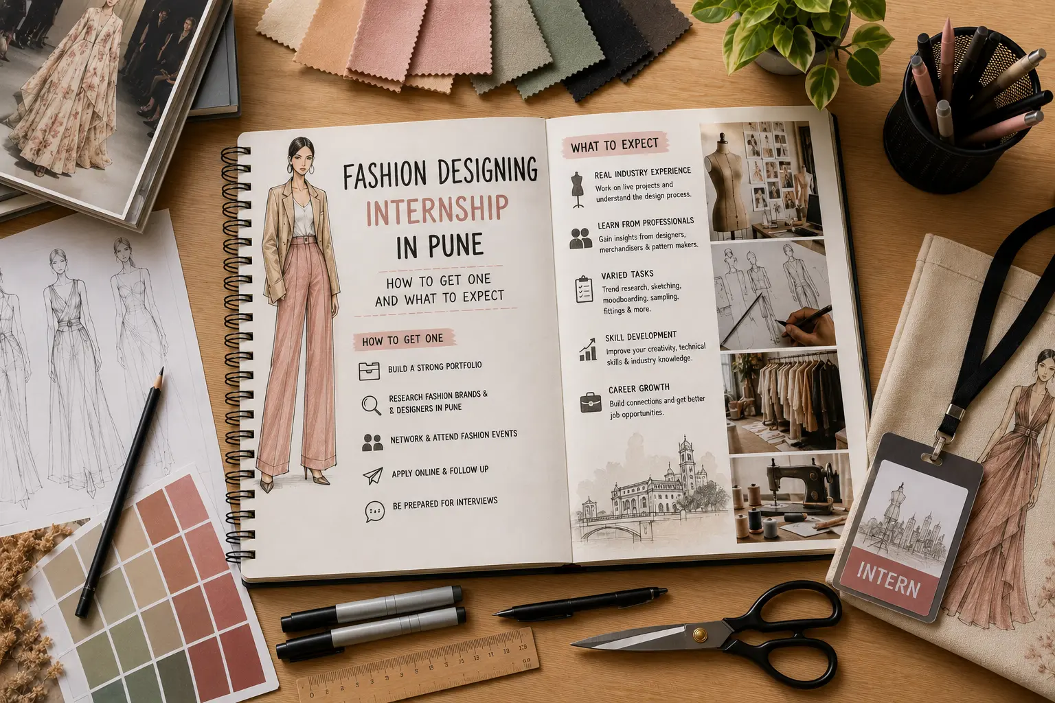 Fashion sketchbook open on a desk headed Fashion Designing Internship in Pune, with a How to Get One checklist and a What to Expect panel covering industry experience, varied tasks and career growth, alongside studio photographs, fabric swatches and an intern ID lanyard