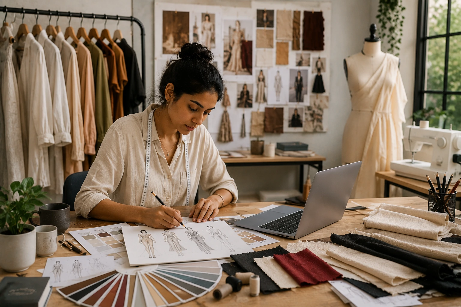 Fashion designer sketching a collection at a studio desk with a measuring tape around her neck, working beside a laptop, colour fan and fabric swatches, with a rack of garments, a wall mood board of design references and a draped dress form behind her