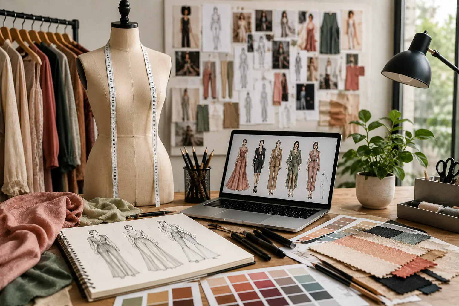 Professional fashion design studio with a dress form and measuring tape, a rack of garments, a wall of design sketches and reference photographs, a laptop displaying illustrated outfits, and a sketchbook with fabric swatches and colour palettes on the desk