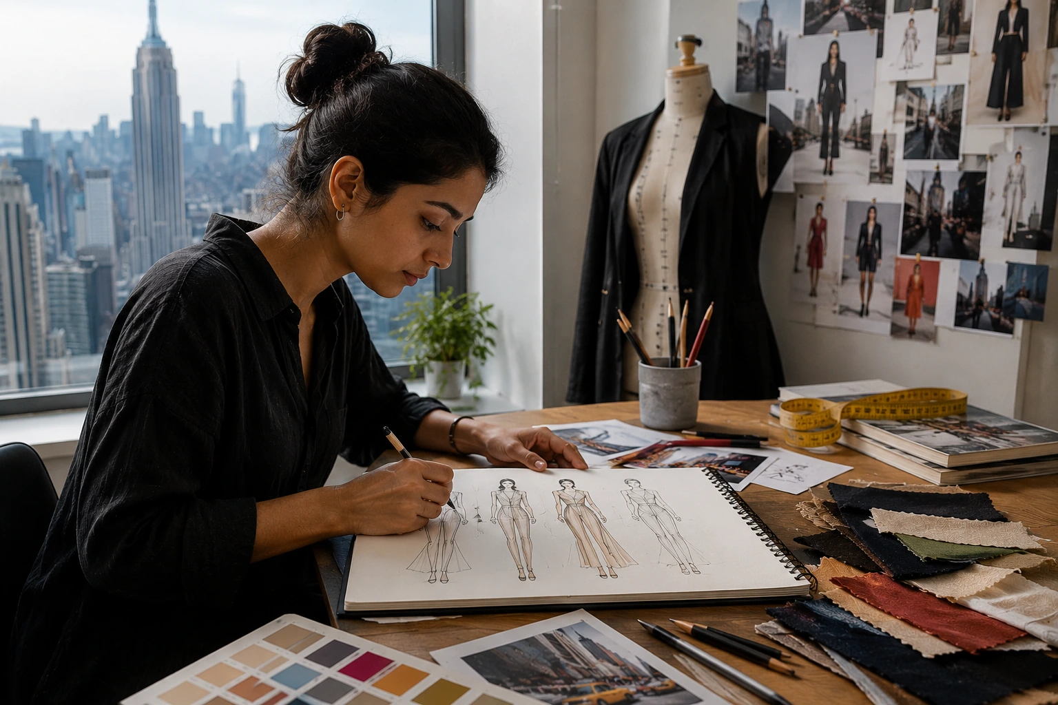 Fashion designer sketching figures in a large sketchbook at a studio desk, with the Manhattan skyline visible through the window behind and a dress form, mood board of runway photographs, fabric swatches and colour palettes nearby